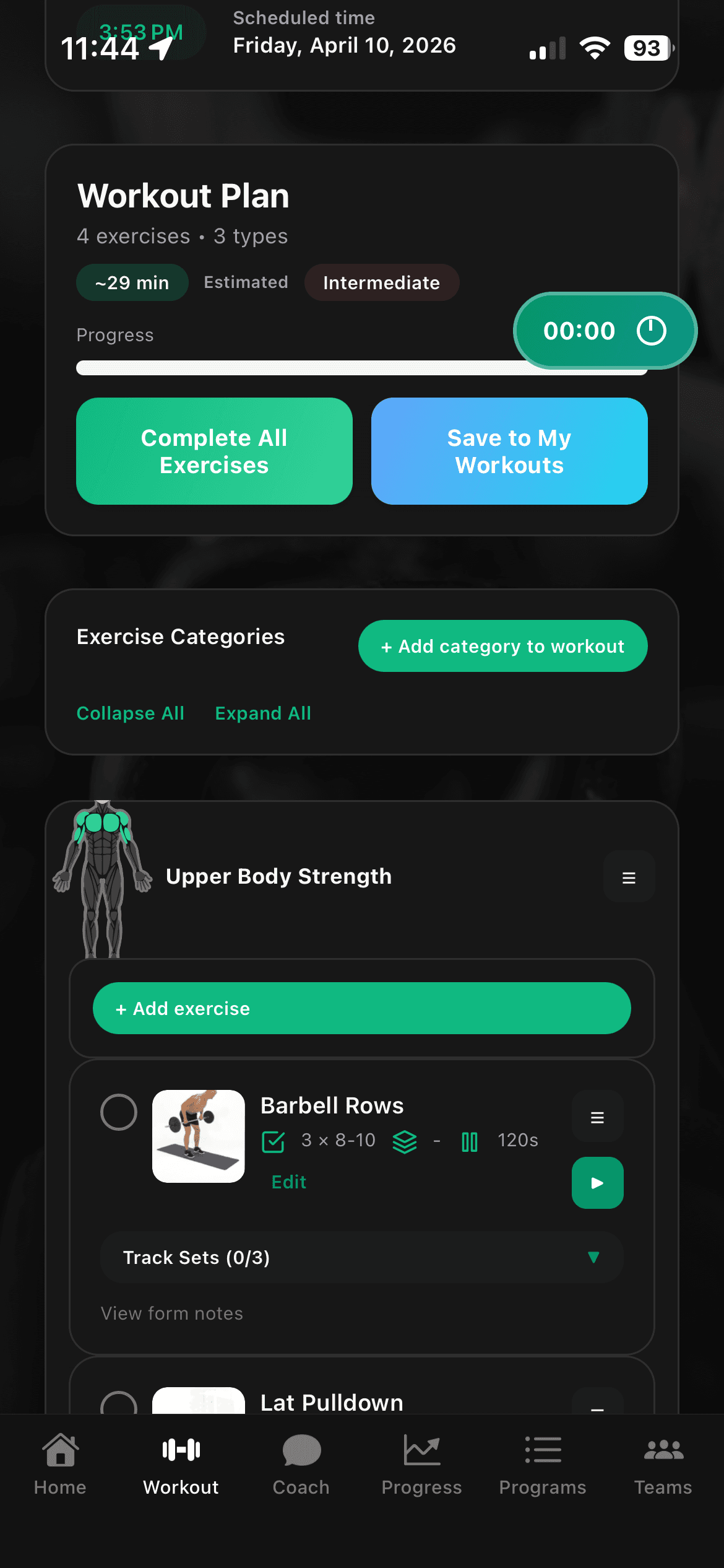 Kinesiai workout plan and logging screen