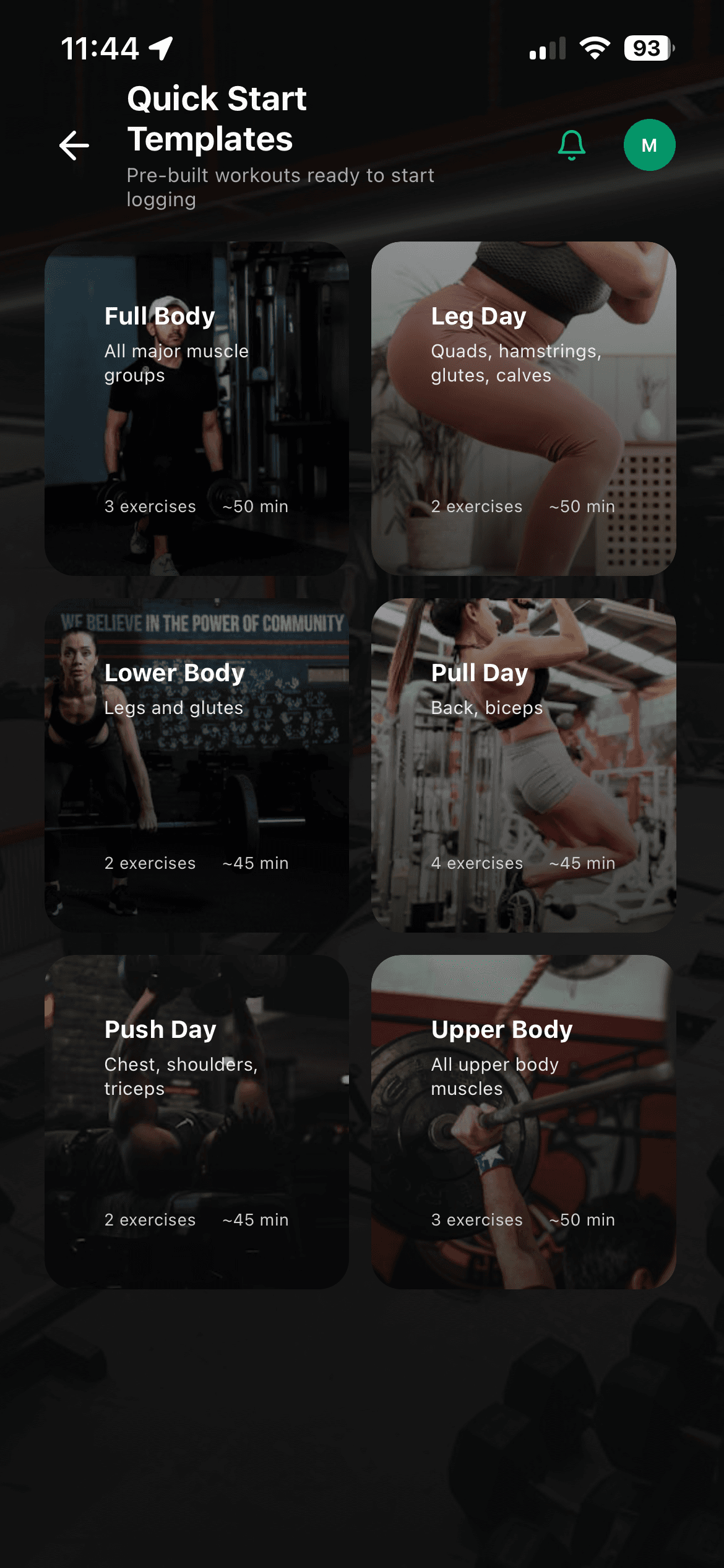 Kinesiai quick start workout templates screen