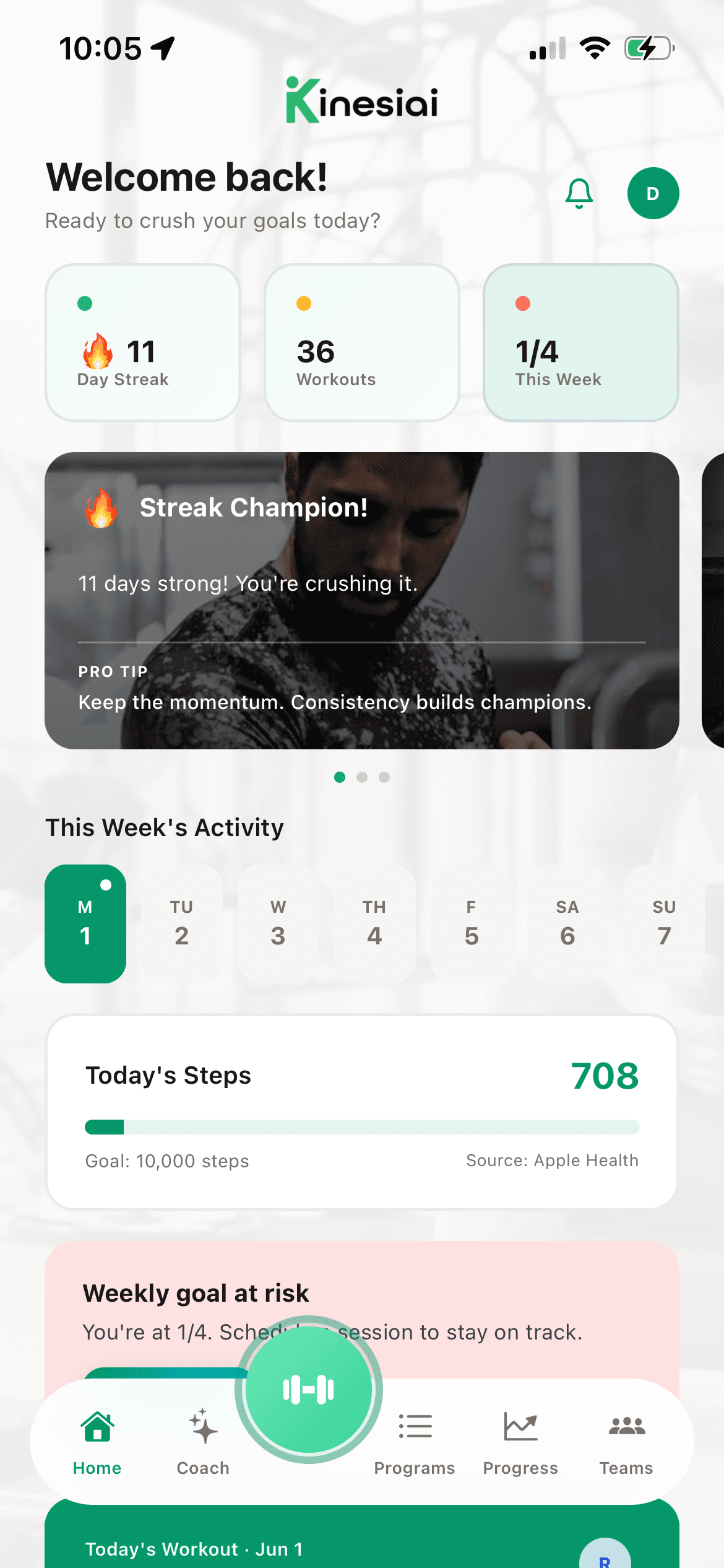 Kinesiai home dashboard