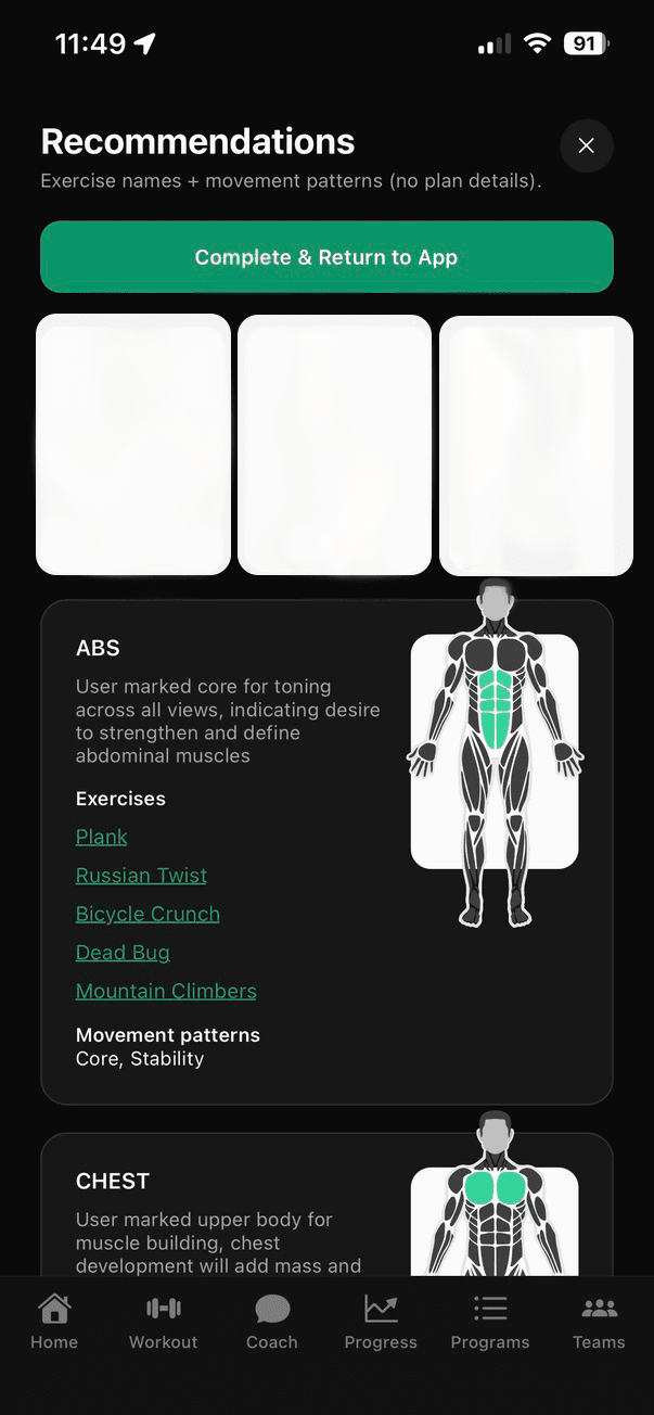 Kinesiai body scan recommendations screen